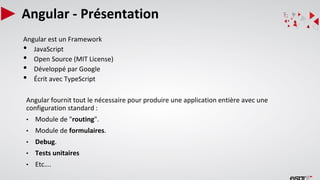 Angular - Présentation
Angular est un Framework
• JavaScript
• Open Source (MIT License)
• Développé par Google
• Écrit avec TypeScript
Angular fournit tout le nécessaire pour produire une application entière avec une
configuration standard :
• Module de "routing".
• Module de formulaires.
• Debug.
• Tests unitaires
• Etc….
 