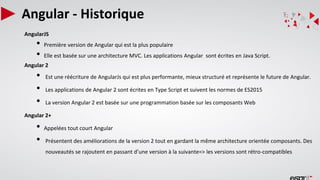 Angular - Historique
AngularJS
• Première version de Angular qui est la plus populaire
• Elle est basée sur une architecture MVC. Les applications Angular sont écrites en Java Script.
Angular 2
• Est une réécriture de AngularJs qui est plus performante, mieux structuré et représente le future de Angular.
• Les applications de Angular 2 sont écrites en Type Script et suivent les normes de ES2015
• La version Angular 2 est basée sur une programmation basée sur les composants Web
Angular 2+
• Appelées tout court Angular
• Présentent des améliorations de la version 2 tout en gardant la même architecture orientée composants. Des
nouveautés se rajoutent en passant d’une version à la suivante=> les versions sont rétro-compatibles
 