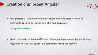 Création d’un projet Angular
• Pour générer la structure d’un projet Angular, on utilise Angular CLI via sa
commande ng suivie des option new et le nom du projet.
▪ ng new FirstApp
• Cette commande génère les différents fichiers requis par une application basique
Angular et installe aussi toutes les dépendances requis par ce projet
 