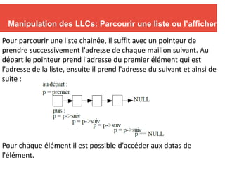 Manipulation des LLCs: Parcourir une liste ou l’afficher
Pour parcourir une liste chainée, il suffit avec un pointeur de
prendre successivement l'adresse de chaque maillon suivant. Au
départ le pointeur prend l'adresse du premier élément qui est
l'adresse de la liste, ensuite il prend l'adresse du suivant et ainsi de
suite :
Pour chaque élément il est possible d'accéder aux datas de
l'élément.
 