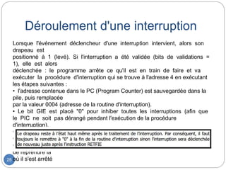 Déroulement d'une interruption
28
Lorsque l'événement déclencheur d'une interruption intervient, alors son
drapeau est
positionné à 1 (levé). Si l'interruption a été validée (bits de validations =
1), elle est alors
déclenchée : le programme arrête ce qu'il est en train de faire et va
exécuter la procédure d'interruption qui se trouve à l'adresse 4 en exécutant
les étapes suivantes :
• l'adresse contenue dans le PC (Program Counter) est sauvegardée dans la
pile, puis remplacée
par la valeur 0004 (adresse de la routine d'interruption).
• Le bit GIE est placé "0" pour inhiber toutes les interruptions (afin que
le PIC ne soit pas dérangé pendant l'exécution de la procédure
d'interruption).
• A la fin de la procédure d'interruption :
• le bit GIE est remis à 1 (autorisant ainsi un autre événement)
• le contenu du PC est rechargé à partir de la pile ce qui permet au programme
de reprendre là
où il s'est arrêté
 