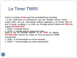 Le Timer TMR0
32
C’est un compteur 8 bits ayant les caractéristiques suivantes :
• Il est incrémenté en permanence soit par l’horloge interne Fosc/4
(mode timer) soit par une horloge externe appliquée à la broche RA4 du
port A (mode compteur). Le choix de l'horloge se fait à l'aide du bit T0CS du
registre OPTION_REG
o T0CS = 0 horloge interne
o T0CS = 1 horloge externe appliquée à RA4
Dans le cas de l'horloge externe, Le bit T0SE du registre
OPTION_REG permet de choisir le front sur lequel le TIMER
s'incrémente.
o T0SE = 0 incrémentation sur fronts montants
o T0SE = 1 incrémentation sur fronts descendants
 