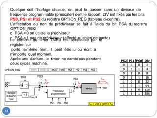 33
Quelque soit l'horloge choisie, on peut la passer dans un diviseur de
fréquence programmable (prescaler) dont le rapport DIV est fixés par les bits
PS0, PS1 et PS2 du registre OPTION_REG (tableau ci-contre).
L'affectation ou non du prédiviseur se fait à l'aide du bit PSA du registre
OPTION_REG
o PSA = 0 on utilise le prédiviseur
o PSA = 1 pas de prédiviseur (affecté au chien de garde)
Le contenu du timer TMR0 est accessible par le
registre qui
porte le même nom. Il peut être lu ou écrit à
n'importe quel moment.
Après une écriture, le timer ne comte pas pendant
deux cycles machine.
 
