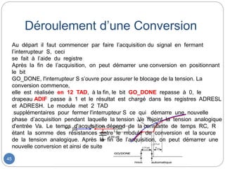 Déroulement d’une Conversion
45
Au départ il faut commencer par faire l’acquisition du signal en fermant
l’interrupteur S, ceci
se fait à l’aide du registre
Après la fin de l’acquisition, on peut démarrer une conversion en positionnant
le bit
GO_DONE, l'interrupteur S s’ouvre pour assurer le blocage de la tension. La
conversion commence,
elle est réalisée en 12 TAD, à la fin, le bit GO_DONE repasse à 0, le
drapeau ADIF passe à 1 et le résultat est chargé dans les registres ADRESL
et ADRESH. Le module met 2 TAD
supplémentaires pour fermer l'interrupteur S ce qui démarre une nouvelle
phase d’acquisition pendant laquelle la tension Ve rejoint la tension analogique
d'entrée Va. Le temps d'acquisition dépend de la constante de temps RC, R
étant la somme des résistances entre le module de conversion et la source
de la tension analogique. Après la fin de l’acquisition, on peut démarrer une
nouvelle conversion et ainsi de suite
 
