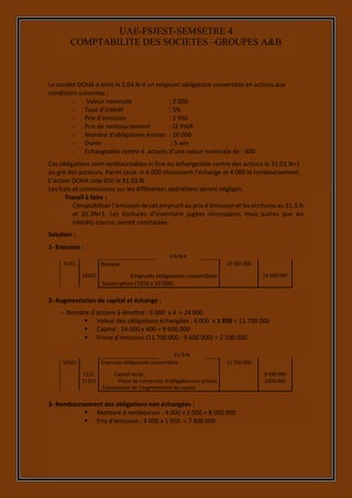 14
UAE-FSJEST-SEMSETRE 4
COMPTABILITE DES SOCIETES –GROUPES A&B
La société DOHA a émis le 1.04.N-4 un emprunt obligataire convertible en actions aux
conditions suivantes :
- Valeur nominale : 2 000
- Taux d’intérêt : 5%
- Prix d’émission : 1 950
- Prix de remboursement : LE PAIR
- Nombre d’obligations émises : 10 000
- Durée : 5 ans
- Echangeable contre 4 actions d’une valeur nominale de : 400
Ces obligations sont remboursables in fine ou échangeable contre des actions le 31.03.N+1
au gré des porteurs. Parmi ceux- ci 6 000 choisissent l’échange et 4 000 le remboursement.
L’action DOHA cote 650 le 31.03.N.
Les frais et commissions sur les différentes opérations seront négligés.
Travail à faire :
Comptabiliser l’émission de cet emprunt au prix d’émission et les écritures au 31.3.N
et 31.3N+1. Les écritures d’inventaire jugées nécessaires, mais autres que les
intérêts courus, seront constatées.
Solution :
1- Emission :
5141 Banque 19 500 000
14101 Emprunts obligataires convertibles
Souscription (1950 x 10 000)
19 500 000
2- Augmentation de capital et échange :
 Nombre d’actions à émettre : 6 000 x 4 = 24 000
 Valeur des obligations échangées : 6 000 x 1 950 = 11 700 000
 Capital : 24 000 x 400 = 9 600 000
 Prime d’émission (11 700 000 - 9 600 000) = 2 100 000
14101 Emprunts obligataires convertibles 11 700 000
1111
11211
Capital social
Prime de conversion d’obligations en actions
Constatation de l’augmentation de capital
9 600 000
2100 000
3- Remboursement des obligations non échangées :
 Montant à rembourser : 4 000 x 2 000 = 8 000 000
 Prix d’émission : 4 000 x 1 950 = 7 800 000
1/4/N-4
31/3/N
 