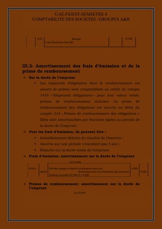 8
UAE-FSJEST-SEMSETRE 4
COMPTABILITE DES SOCIETES –GROUPES A&B
5141 Banque
Frais d’émission 5x4 500
27 000
III.2- Amortissement des frais d’émission et de la
prime de remboursement
 Sur la durée de l’emprunt
 Les emprunts obligataires dont le remboursement est
assorti de primes sont comptabilisés au crédit du compte
1410 « Emprunts obligataires » pour leur valeur totale,
primes de remboursement incluses. La prime de
remboursement des obligations est inscrite au débit du
compte 213 « Primes de remboursement des obligations ».
Elles sont amortissables par fractions égales au prorata de
la durée de l’emprunt.
 Pour les frais d’émission, ils peuvent être :
 Immédiatement déduits du résultat de l’exercice ;
 Amortis sur une période n’excédant pas 5 ans ;
 Répartis sur la durée totale de l’emprunt.
 Frais d’émission: amortissement sur la durée de l’emprunt
61912
28125
DEA des charges à répartir sur plusieurs exercices
Amortissements frais d’émission des emprunts
Dotation annuelle (22 500 /5 = 4 500
4 500
4 500
 Primes de remboursement: amortissement sur la durée de
l’emprunt
31/12/20N
31/12/20N
 