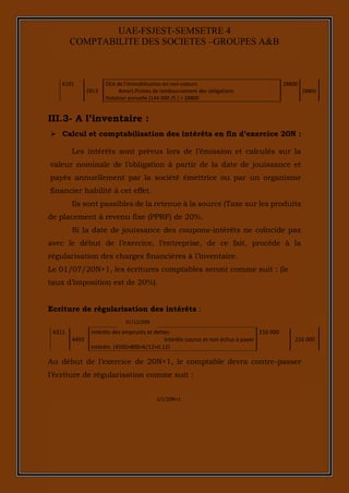 9
UAE-FSJEST-SEMSETRE 4
COMPTABILITE DES SOCIETES –GROUPES A&B
6191
2813
DEA de l’immobilisation en non-valeurs
Amort.Primes de remboursement des obligations
Dotation annuelle (144 000 /5 ) = 28800
28800
28800
III.3- A l’inventaire :
 Calcul et comptabilisation des intérêts en fin d’exercice 20N :
Les intérêts sont prévus lors de l’émission et calculés sur la
valeur nominale de l’obligation à partir de la date de jouissance et
payés annuellement par la société émettrice ou par un organisme
financier habilité à cet effet.
Ils sont passibles de la retenue à la source (Taxe sur les produits
de placement à revenu fixe (PPRF) de 20%.
Si la date de jouissance des coupons-intérêts ne coïncide pas
avec le début de l’exercice, l’entreprise, de ce fait, procède à la
régularisation des charges financières à l’inventaire.
Le 01/07/20N+1, les écritures comptables seront comme suit : (le
taux d’imposition est de 20%).
Ecriture de régularisation des intérêts :
6311
4493
Intérêts des emprunts et dettes
Intérêts courus et non échus à payer
Intérêts (4500×800×6/12×0.12)
216 000
216 000
Au début de l’exercice de 20N+1, le comptable devra contre-passer
l’écriture de régularisation comme suit :
31/12/20N
1/1/20N+1
 