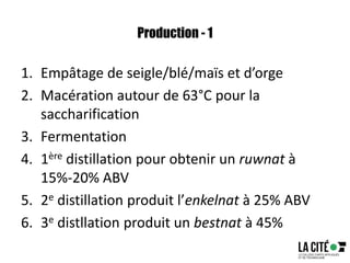 Production - 1
1. Empâtage de seigle/blé/maïs et d’orge
2. Macération autour de 63°C pour la
saccharification
3. Fermentation
4. 1ère distillation pour obtenir un ruwnat à
15%-20% ABV
5. 2e distillation produit l’enkelnat à 25% ABV
6. 3e distllation produit un bestnat à 45%
 