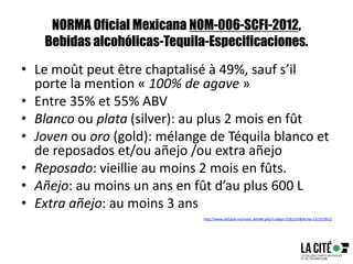 NORMA Oficial Mexicana NOM-006-SCFI-2012,
Bebidas alcohólicas-Tequila-Especificaciones.
• Le moût peut être chaptalisé à 49%, sauf s’il
porte la mention « 100% de agave »
• Entre 35% et 55% ABV
• Blanco ou plata (silver): au plus 2 mois en fût
• Joven ou oro (gold): mélange de Téquila blanco et
de reposados et/ou añejo /ou extra añejo
• Reposado: vieillie au moins 2 mois en fûts.
• Añejo: au moins un ans en fût d’au plus 600 L
• Extra añejo: au moins 3 ans
http://www.dof.gob.mx/nota_detalle.php?codigo=5282165&fecha=13/12/2012
 