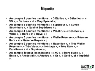 Étiquette
• Au compte 2 pour les mentions : « 3 Etoiles », « Sélection », «
VS », « De Luxe » et « Very Special »;
• Au compte 3 pour les mentions : « supérieur », « Cuvée
Supérieure », « Qualité Supérieure » ;
• Au compte 4 pour les mentions : « V.S.O.P. », « Réserve », «
Vieux », « Rare » et « Royal » ;
• Au compte 5 pour les mentions : « Vieille Réserve », « Réserve
Rare » et « Réserve Royale » ;
• Au compte 6 pour les mentions : « Napoléon », « Très Vieille
Réserve », « Très Vieux », « Héritage », « Très Rare », «
Excellence » et « Suprême » ;
• Au compte 10 pour les mentions : « XO », « Hors d’âge », «
Extra », « Ancestral », « Ancêtre », « Or », « Gold », et « Impérial
».
 