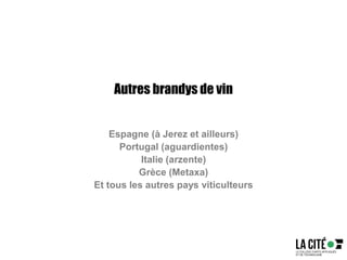 Autres brandys de vin
Espagne (à Jerez et ailleurs)
Portugal (aguardientes)
Italie (arzente)
Grèce (Metaxa)
Et tous les autres pays viticulteurs
 