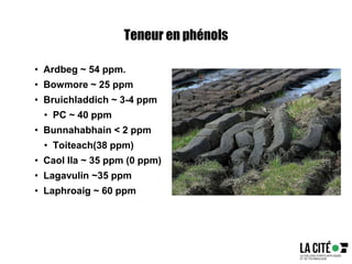 Teneur en phénols
• Ardbeg ~ 54 ppm.
• Bowmore ~ 25 ppm
• Bruichladdich ~ 3-4 ppm
• PC ~ 40 ppm
• Bunnahabhain < 2 ppm
• Toiteach(38 ppm)
• Caol Ila ~ 35 ppm (0 ppm)
• Lagavulin ~35 ppm
• Laphroaig ~ 60 ppm
 
