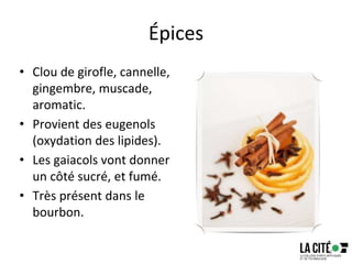 Épices
• Clou de girofle, cannelle,
gingembre, muscade,
aromatic.
• Provient des eugenols
(oxydation des lipides).
• Les gaiacols vont donner
un côté sucré, et fumé.
• Très présent dans le
bourbon.
72
 
