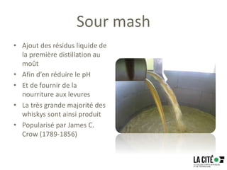 Sour mash
• Ajout des résidus liquide de
la première distillation au
moût
• Afin d’en réduire le pH
• Et de fournir de la
nourriture aux levures
• La très grande majorité des
whiskys sont ainsi produit
• Popularisé par James C.
Crow (1789-1856)
 