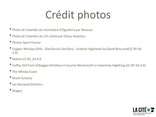 Crédit photos
•Photo de l'alambic du monastère d'Oguditria par Roozuzz
•Photo de l'alambic du 17e siècle par Cletus Aweetus
•Photos Spirit-France
•Copper Whiskey Stills - Glenfarclas Distillery - Scottish Highlands by David Brossard(CC BY-SA
2.0)
•Redrex CC BY_SA 4.0
•Coffey Still from Kilbeggan Distillery in County Westmeath in Ireland by HighKing (CC BY-SA 3.0)
•The Whisky Coast
•Beam Suntory
•Ian Macleod Distillers
•Diageo
 