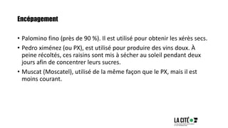Encépagement
• Palomino fino (près de 90 %). Il est utilisé pour obtenir les xérès secs.
• Pedro ximénez (ou PX), est utilisé pour produire des vins doux. À
peine récoltés, ces raisins sont mis à sécher au soleil pendant deux
jours afin de concentrer leurs sucres.
• Muscat (Moscatel), utilisé de la même façon que le PX, mais il est
moins courant.
 