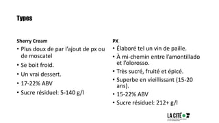 Types
Sherry Cream
• Plus doux de par l’ajout de px ou
de moscatel
• Se boit froid.
• Un vrai dessert.
• 17-22% ABV
• Sucre résiduel: 5-140 g/l
PX
• Élaboré tel un vin de paille.
• À mi-chemin entre l’amontillado
et l’olorosso.
• Très sucré, fruité et épicé.
• Superbe en vieillissant (15-20
ans).
• 15-22% ABV
• Sucre résiduel: 212+ g/l
 