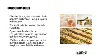 BOISSON DES DIEUX
• Chez les Grecs, cette boisson était
appelée ambroisie – ce qui signifie
immortel –
• Elle était la boisson des dieux de
l'Olympe.
• Quant aux Gaulois, ils la
considéraient comme une boisson
qui donne force et gaieté.
• D'ailleurs, elle comptait parmi les
ingrédients de la célèbre potion
magique dans Astérix le Gaulois. Photo & textes: SAQ.com
 
