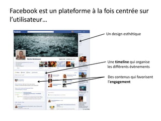 Facebook est un plateforme à la fois centrée sur
l’utilisateur…
Un design esthétique
Une timeline qui organise
les différents évènements
Des contenus qui favorisent
l’engagement
 