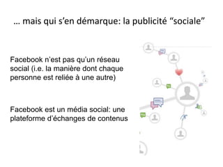 … mais qui s’en démarque: la publicité “sociale”
Facebook n’est pas qu’un réseau
social (i.e. la manière dont chaque
personne est reliée à une autre)
Facebook est un média social: une
plateforme d’échanges de contenus
 