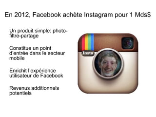 En 2012, Facebook achète Instagram pour 1 Mds$
Un produit simple: photo-
filtre-partage
Constitue un point
d’entrée dans le secteur
mobile
Enrichit l’expérience
utilisateur de Facebook
Revenus additionnels
potentiels
 