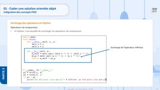 137
Copyright - Tout droit réservé - OFPPT
PARTIE
3
01 - Coder une solution orientée objet
Intégration des concepts POO
Opérateurs de comparaison
• En Python, il est possible de surcharger les opérateurs de comparaison.
Surcharge des opérateurs en Python
Surcharge de l’opérateur inférieur
 