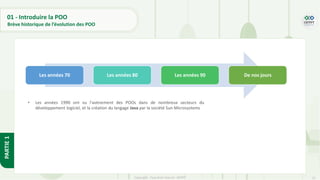 15
Copyright - Tout droit réservé - OFPPT
PARTIE
1
01 - Introduire la POO
Brève historique de l’évolution des POO
• Les années 1990 ont vu l'avènement des POOs dans de nombreux secteurs du
développement logiciel, et la création du langage Java par la société Sun Microsystems
Les années 70 Les années 80 Les années 90 De nos jours
 