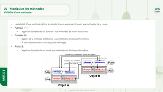 52
Copyright - Tout droit réservé - OFPPT
PARTIE
1
05 - Manipuler les méthodes
Visibilité d’une méthode
• La visibilité d’une méthode définit les droits d'accès autorisant l'appel aux méthodes de la classe
• Publique (+) :
• L’appel de la méthode est autorisé aux méthodes de toutes les classes
• Protégée (#) :
• L’appel de la méthode est réservé aux méthodes des classes héritières
( A voir ultérieurement dans la partie Héritage)
• Privée(-) :
• L’appel de la méthode est limité aux méthodes de la classe elle-même
 