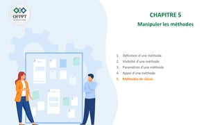 CHAPITRE 5
Manipuler les méthodes
1. Définition d’une méthode
2. Visibilité d’une méthode
3. Paramètres d’une méthode
4. Appel d’une méthode
5. Méthodes de classe
 