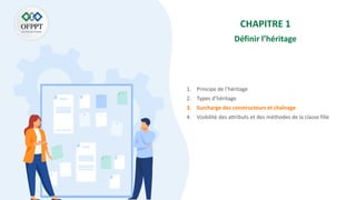 CHAPITRE 1
Définir l’héritage
1. Principe de l’héritage
2. Types d’héritage
3. Surcharge des constructeurs et chaînage
4. Visibilité des attributs et des méthodes de la classe fille
 
