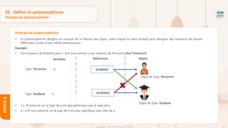 76
Copyright - Tout droit réservé - OFPPT
PARTIE
2
02 - Définir le polymorphisme
Principe du polymorphisme
• Le polymorphisme désigne un concept de la théorie des types, selon lequel un nom d'objet peut désigner des instances de classes
différentes issues d'une même arborescence
Exemple :
• Une instance de Etudiant peut « être vue comme » une instance de Personne (Pas l’inverse!!)
• = e → autorisé car le type de p est plus générique que le type de e
• e = p→ non autorisé car le type de e est plus spécifique que celui de p
Principe de polymorphisme
Variables Références Objets
Type Personne p
Type Etudiant e
0x304021
0x304055
Objet de Type Personne
Objet de Type Etudiant
 
