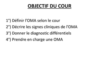 OBJECTIF DU COUR
1°) Définir l’OMA selon le cour
2°) Décrire les signes cliniques de l’OMA
3°) Donner le diagnostic différentiels
4°) Prendre en charge une OMA
 