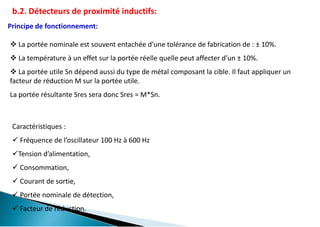 24
b.2. Détecteurs de proximité inductifs:
Principe de fonctionnement:
 La portée nominale est souvent entachée d’une tolérance de fabrication de : ± 10%.
 La température à un effet sur la portée réelle quelle peut affecter d’un ± 10%.
 La portée utile Sn dépend aussi du type de métal composant la cible. Il faut appliquer un
facteur de réduction M sur la portée utile.
La portée résultante Sres sera donc Sres = M*Sn.
Caractéristiques :
 Fréquence de l’oscillateur 100 Hz à 600 Hz
Tension d’alimentation,
 Consommation,
 Courant de sortie,
 Portée nominale de détection,
 Facteur de réduction.
 