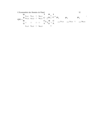 L’Econométrie des Données   de Panel                                                    32
      0                            1       0    1
        x1;i;1 x2;i;1 :::   xK;i;1            1
                                                  ³                                                  ´
      B x1;i;2 x2;i;2 :::   xK;i;2 C      1 B 1 C PT               PT                  PT
QXi =
      B                              C¡     B     C
        :::     :::   :::   :::                       t=1 x1;i;t    t=1 x2;i;t   :::    t=1 xK;i;t
      @                              A    T @ ::: A

        x1;i;T x2;i;T :::   xK;i;T            1
 