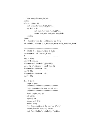 mat vsum_rho=sum_rho*en;
enddo;
if K>1; then; do;
    mat vsum_rho=sum_rho(1,1)*en;
    do j=2 to K;
            mat sum_rhoi=sum_rho(1,j)*en;
            mmake vsum_rho vsum_rho sum_rhoi;
    enddo;
enddo;
?--- Construction du l’estimateur de Delta ---
mat Delta=(1/(N-1))*((ls_rho-vsum_rho)’)*(ls_rho-vsum_rho);

?-------------------------------------
?-- ETAPE 3 : Construction de Beta ---
?-- Construction des Phi_i ---
?-------------------------------------
smpl 1 nobs;
set l1=l-retard;
mform(nrow=l1,ncol=l1,type=diag)
unite=1; mform(nrow=l1,ncol=1) z=1;
mform(nrow=K,ncol=K) T1=0;
mat T2=T1;
mform(nrow=K,ncol=1) T3=0;
mat T4=T3;

do j=1 to N;
    smpl 1 nobs;
    ?*********************************
    ?**** Construction des séries ****
    ?*********************************
    select (i=j)&(i=i(-2));
    y1=y(-1);
    dy1=dy(-1);
    mmake x y1 dy1;
    mmake yy dy;
    ?-- Construction de la matrice (Phi)-1
    mform(nrow=l1,ncol=l1) Phi=0;
    mat Phi=x*Delta*x’+sigls(j,1)*unite;
 