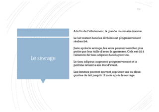 Le sevrage
A la fin de l’allaitement, la glande mammaire involue.
Le lait restant dans les alvéoles est progressivement
réabsorbé.
Juste après le sevrage, les seins peuvent sembler plus
petits que leur taille d'avant la grossesse. Cela est dû à
l'absence de tissu adipeux dans la poitrine.
Le tissu adipeux augmente progressivement et la
poitrine revient à son état d’avant.
Les femmes peuvent souvent exprimer une ou deux
gouttes de lait jusqu'à 12 mois après le sevrage.
113
 