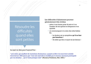 Résoudre les
difficultés
quand elles
sont petites
Les difficultés d'allaitement peuvent
généralement être évitées
§ grâce à une bonne prise du sein et à un
transfert de lait optimal en fréquence et en
quantité
§ en communiquant à la mère des infos fiables
Ex.:
§ La douleur est un symptôme qu’il ne faut
pas banaliser !
§ Un bébé qui tète et reçoit du lait élimine !
Le sujet ne date pas d’aujourd’hui :
“une mère,qui souffrait de mamelons douloureux,a passé sa fille à la nourriture soluble
Carnrick en 1887 parce que “mon lait avait été si modifié par la terreur nerveuse provoquée
par ma douleur… qu’il l’avait presque tuée” (Nursery Problems, Mai 1887).”
30
 