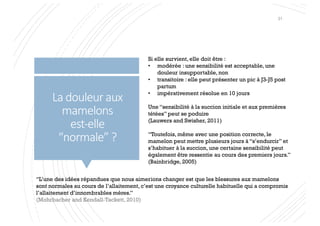 La douleur aux
mamelons
est-elle
“normale” ?
Si elle survient, elle doit être :
• modérée : une sensibilité est acceptable, une
douleur insupportable, non
• transitoire : elle peut présenter un pic à J3-J5 post
partum
• impérativement résolue en 10 jours
Une “sensibilité à la succion initiale et aux premières
tétées” peut se poduire
(Lauwers and Swisher, 2011)
“Toutefois, même avec une position correcte, le
mamelon peut mettre plusieurs jours à “s’endurcir” et
s’habituer à la succion, une certaine sensibilité peut
également être ressentie au cours des premiers jours.”
(Bainbridge, 2005)
“L’une des idées répandues que nous aimerions changer est que les blessures aux mamelons
sont normales au cours de l’allaitement, c’est une croyance culturelle habituelle qui a compromis
l’allaitement d’innombrables mères.”
(Mohrbacher and Kendall-Tackett, 2010)
31
 