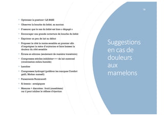 Suggestions
en cas de
douleurs
aux
mamelons
38
§ Optimiser la position= LA BASE
§ Observer la bouche du bébé, sa succion
§ S’assurer que le nez du bébé est bien « dégagé »
§ Encourager une grande ouverture de bouche du bébé
§ Exprimer un peu de lait au début
§ Proposer le côté le moins sensible en premier afin
d’imprégner la mère d’ocytocine et faire baisser la
douleur du côté sensible
§ Écrans en silicone (seulement de manière transitoire)
§ Compresses stériles imbibées+++ de lait maternel
(cicatrisation milieu humide)
§ Lanoline
§ Compresses hydrogel (préférer les marques Comfort
gel®, Mother mates®)
§ Pansements Nursicare®
§ Si besoin : antalgiques
§ Mesures + discutées : froid (anesthésie)
car il peut inhiber le réflexe d’éjection
 