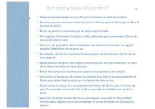 Commentsepassel’allaitement? 44
§ Anaïs positionne Kevin sur son dos pour l’amener au sein en madone.
§ La mère pince le mamelon entre le pouce et l'index quand elle le place dans la
bouche du bébé.
§ Kevin ne prend le mamelon que de façon superficielle.
§ On suggère à Anaïs de s’installer confortablement pour permettre à Kevin de
mieux prendre le sein.
§ C’est ce qui se produit. Kevin manifeste une succion active avec un rapport
succion/déglutition de un pour un.
§ Le transfert de lait est objectivé notamment par un écoulement de lait sur le
sein opposé.
§ Anaïs déclare qu'après une légère douleur initiale lors de l’accroche, le reste
de la tétée s'est déroulé sans douleur.
§ Kevin tète environ 8 minutes puis ralentit et commence à se tortiller.
§ On précise à Anaïs que le rythme de succion plus lent et les mouvements de
Kevin pourraient être le signe qu'il a besoin de faire un rot.
§ Anaïs insère un doigt à la commissure des lèvres de Kevin pour le retirer du
sein. Le mamelon est rond et de couleur normale immédiatement après la
tétée.
§ Après le rot, Anaïs amène Kevin au sein opposé sans aide. Il tète pendant
environ trois minutes avant de s'endormir et de se détacher du sein par lui-
même.
 