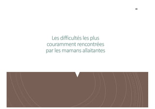 48
Les difficultés les plus
couramment rencontrées
par les mamans allaitantes
 