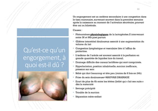 Qu’est-ce qu’un
engorgement, à
quoi est-il dû ?
Un engorgement est un oedème secondaire à une congestion dans
le tissu mammaire, survenant souvent dans la première semaine
après la naissance au moment de l’activation sécrétoire, pouvant
être uni ou bilatérale.
Causes :
§ Phénomènes physiologiques de la lactogénèse.II intervenant
entre 36 et 96h post partum
§ Œdème interstitiel douloureux associé à une augmentation du
volume du lait
§ Congestion lymphatique et vasculaire liée à l’afflux de
prolactine.
§ L’œdème de l’aréole est souvent associé à la perfusion en
grande quantités de liquides lors du travail.
§ Drainage difficile des canaux lactifères qui sont comprimés.
§ Hyperlactation, position inhabituelle, succion inefficace,
pression sur sein
§ Bébé qui dort beaucoup et tète peu (moins de 8 fois en 24h)
§ Prise du sein douloureuse=MAUVAIS DRAINAGE
§ Ecart de plus de 6h entre les tétées (bébé qui « fait ses nuits »
dès la maternité
§ Sevrage précipité
§ Trouble de la succion
§ Séparation mère-enfant
53
 