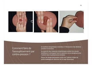 Commentfairede
l’assouplissementpar
contre-pression?
56
Le système lymphatique contribue à l’élimination des déchets
pendant la lactation
La majorité des vaisseaux lymphatiques suivent les canaux
lactifères et convergent vers le mamelon en se rejoignant sous
l’aréole dans le plexus sous-aréolaire
Placer les doigts doucement autour de l’aréole et faire de
petits massages en direction de la cage thoracique
 