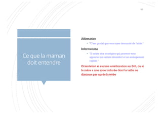 Ce que la maman
doit entendre
Affirmation
§ "C'est génial que vous ayez demandé de l'aide."
Informations
§ "Il existe des stratégies qui peuvent vous
apporter un certain réconfort et un soulagement
rapide."
Orientation si aucune amélioration en 24h, ou si
la mère a une zone indurée dont la taille ne
diminue pas après la tétée
60
 