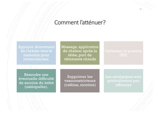 Comment l’atténuer?
71
Appuyer doucement
de l'aréole vers le
mamelon pour
revasculariser.
Massage, application
de chaleur après la
tétée, port de
vêtements chauds
Optimiser la position
(BN)
Résoudre une
éventuelle difficulté
de succion du bébé
(ostéopathe).
Supprimer les
vasoconstricteurs
(caféine, nicotine)
Les antalgiques sont
généralement peu
efficaces
 
