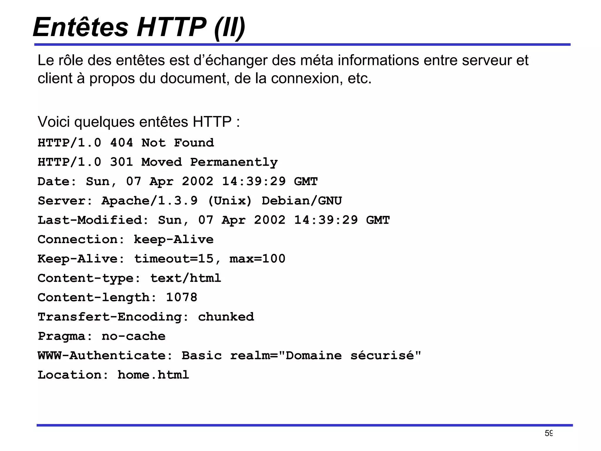 Entêtes HTTP (II) Le rôle des entêtes est d’échanger des méta informations entre serveur et client à propos du document, de la connexion, etc. Voici quelques entêtes HTTP : HTTP/1.0 404 Not Found HTTP/1.0 301 Moved Permanently Date: Sun, 07 Apr 2002 14:39:29 GMT Server: Apache/1.3.9 (Unix) Debian/GNU Last-Modified: Sun, 07 Apr 2002 14:39:29 GMT Connection: keep-Alive Keep-Alive: timeout=15, max=100 Content-type: text/html Content-length: 1078 Transfert-Encoding: chunked Pragma: no-cache WWW-Authenticate: Basic realm="Domaine sécurisé" Location: home.html /154 