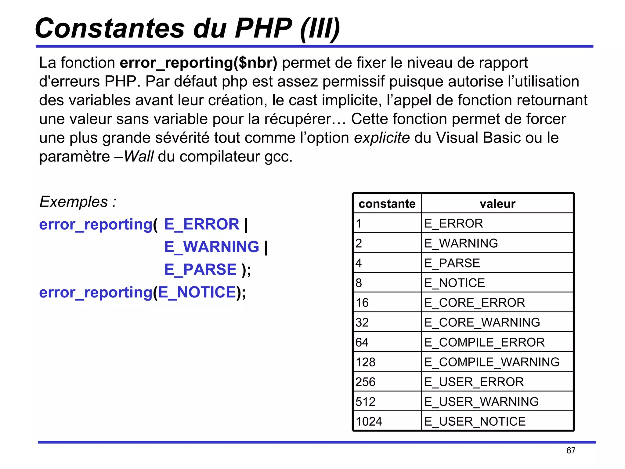 Constantes du PHP (III) La fonction  error_reporting($nbr)  permet de fixer le niveau de rapport d'erreurs PHP. Par défaut php est assez permissif puisque autorise l’utilisation des variables avant leur création, le cast implicite, l’appel de fonction retournant une valeur sans variable pour la récupérer… Cette fonction permet de forcer une plus grande sévérité tout comme l’option  explicite  du Visual Basic ou le paramètre  –Wall  du compilateur gcc. Exemples : error_reporting ( E_ERROR  |  E_WARNING  |  E_PARSE  ); error_reporting ( E_NOTICE ); /154 constante valeur 1 E_ERROR 2 E_WARNING 4 E_PARSE  8 E_NOTICE 16 E_CORE_ERROR 32 E_CORE_WARNING 64 E_COMPILE_ERROR 128 E_COMPILE_WARNING 256 E_USER_ERROR 512 E_USER_WARNING 1024 E_USER_NOTICE 
