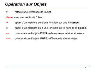 Opération sur Objets  =  Affecte une référence de l’objet. clone   crée une copie de l’objet ->   appel d’un membre ou d’une fonction sur une  instance . ::   appel d’un membre ou d’une fonction sur le nom de la  classe .  ==   comparaison d’objets PHP4: même classe, attribut et valeur. ===  comparaison d’objets PHP5: référence le même objet. /154 