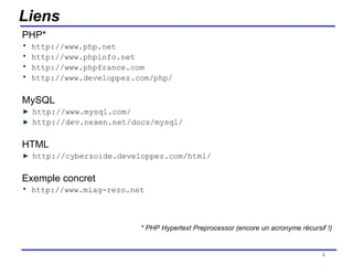 Liens PHP* http://www.php.net http://www.phpinfo.net http://www.phpfrance.com http://www.developpez.com/php/ MySQL http://www.mysql.com/ http://dev.nexen.net/docs/mysql/ HTML http://cyberzoide.developpez.com/html/ Exemple concret http://www.miag-rezo.net * PHP Hypertext Preprocessor (encore un acronyme récursif !) /154 