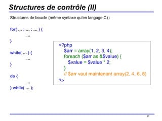 Structures de contrôle (II) Structures de boucle (même syntaxe qu’en langage C) : for(  …  ;  …  ;  …  ) { … } while(  …  ) { … } do { … } while(  …  ); /154 